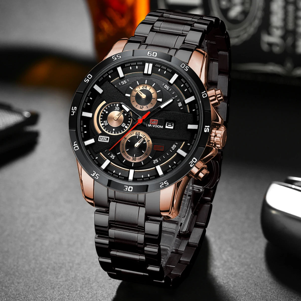 Top Men Watch Sports Style 46mm Large Leather Racing Style Casual Fashion Original Black Rose Gold Calendar Quartz Watch Relogio