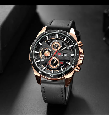 Top Men Watch Sports Style 46mm Large Leather Racing Style Casual Fashion Original Black Rose Gold Calendar Quartz Watch Relogio