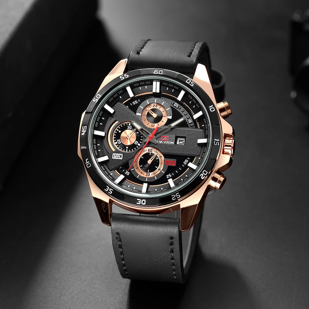 Top Men Watch Sports Style 46mm Large Leather Racing Style Casual Fashion Original Black Rose Gold Calendar Quartz Watch Relogio