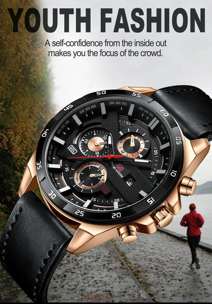 Top Men Watch Sports Style 46mm Large Leather Racing Style Casual Fashion Original Black Rose Gold Calendar Quartz Watch Relogio