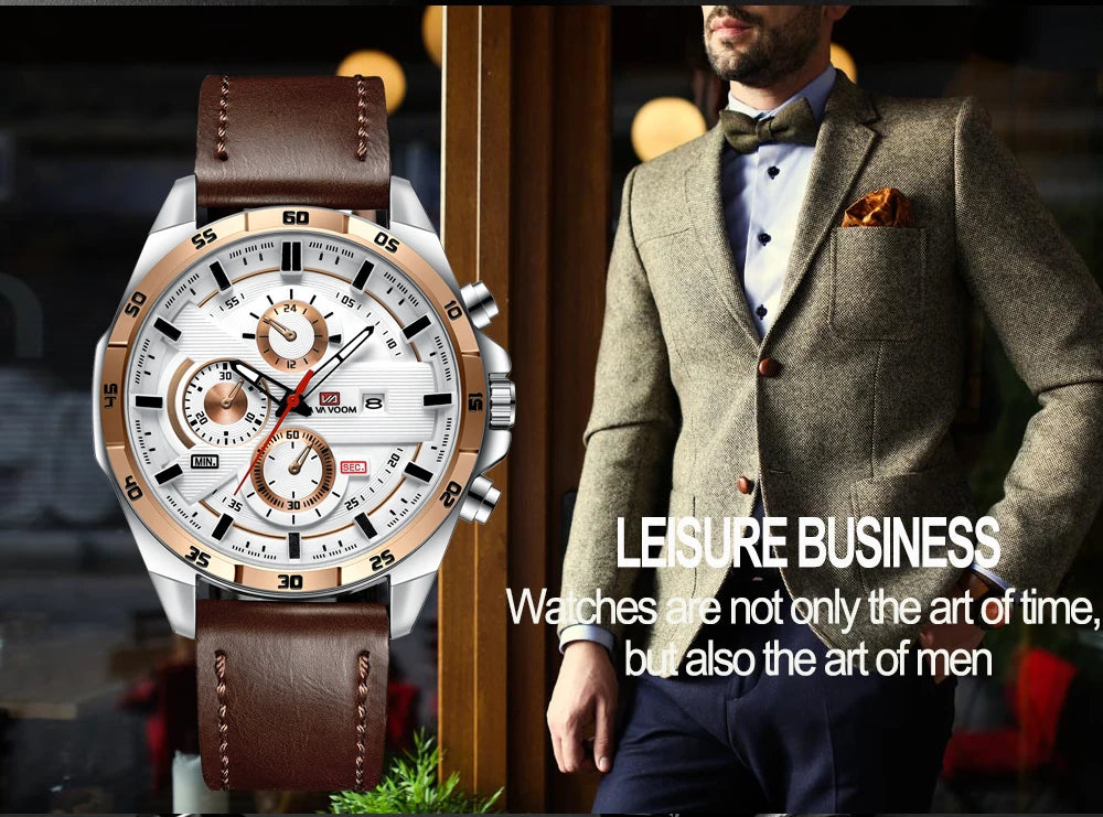 Top Men Watch Sports Style 46mm Large Leather Racing Style Casual Fashion Original Black Rose Gold Calendar Quartz Watch Relogio