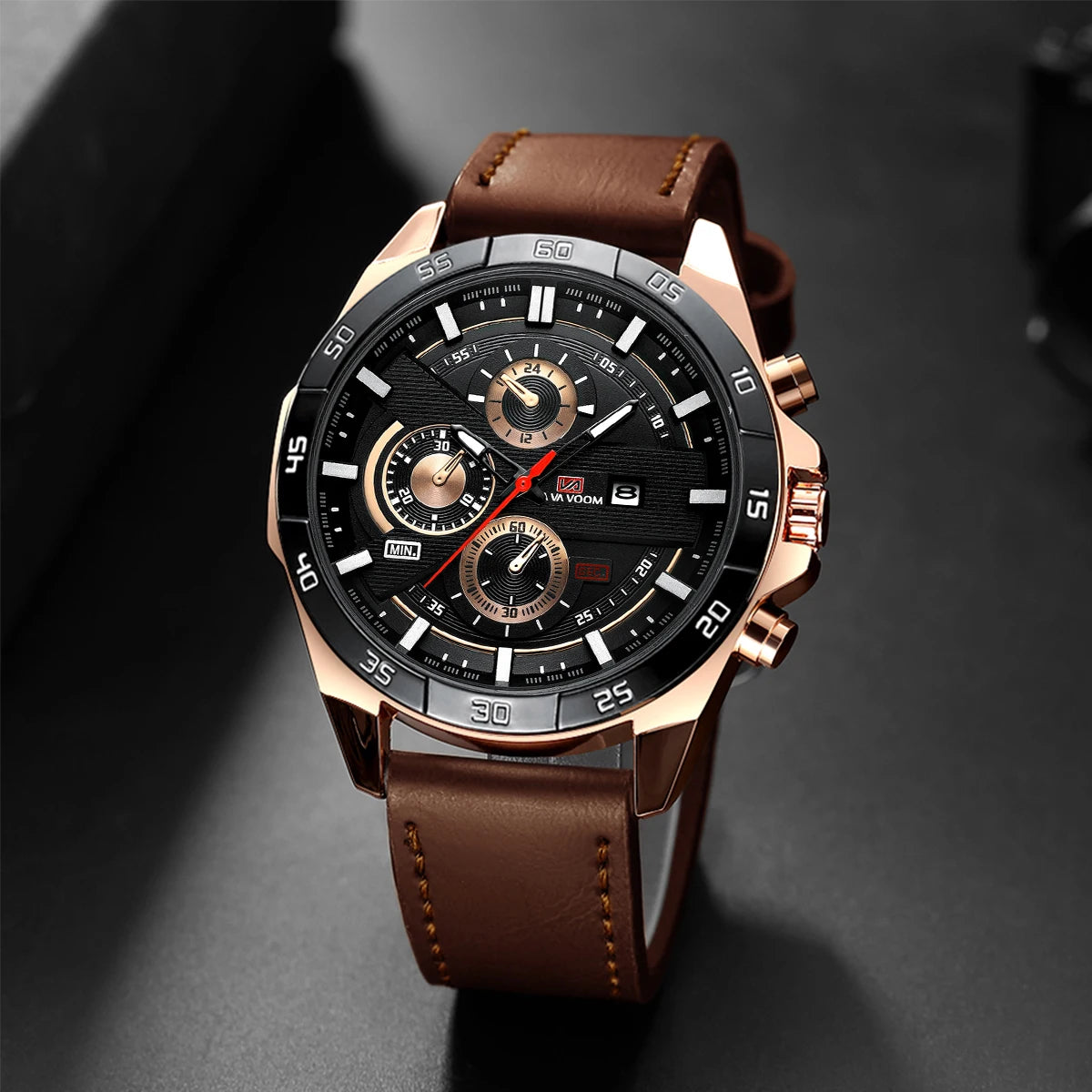Top Men Watch Sports Style 46mm Large Leather Racing Style Casual Fashion Original Black Rose Gold Calendar Quartz Watch Relogio